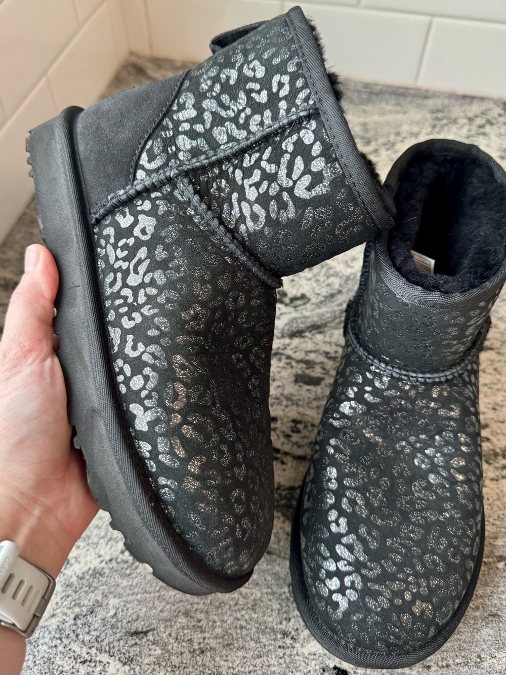 UGG Classic Mini Boot in Black Snow Leopard. Size 6. Like new with box.